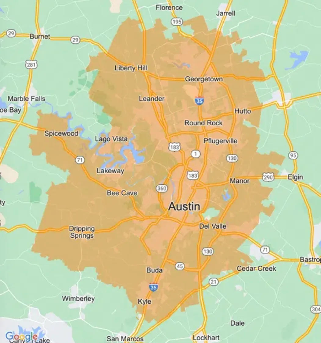 Map highlighting the Modern HVAC Mechanical service area across greater Austin, from Georgetown to Kyle